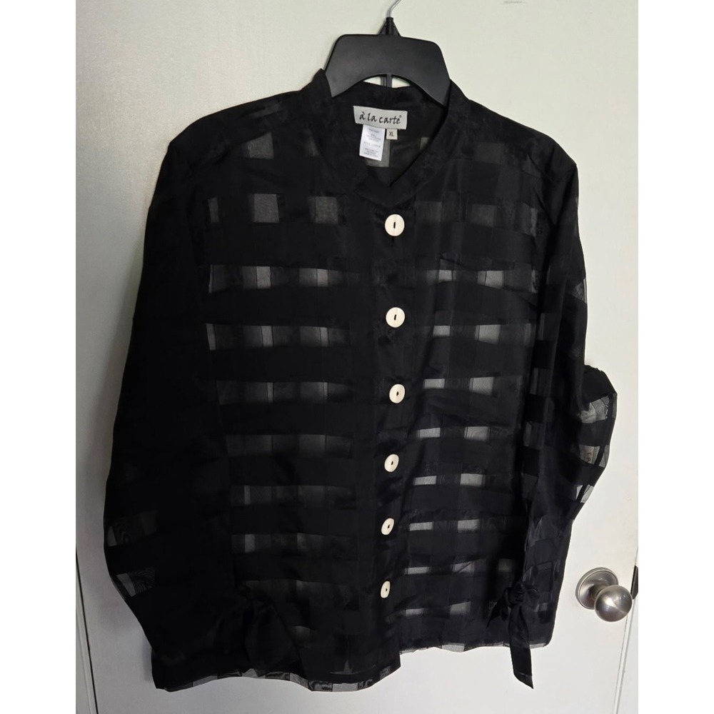 A La Carte Womens XL Black Sheer Striped‎ Button Front Tie Cuff Blouse L10253JM